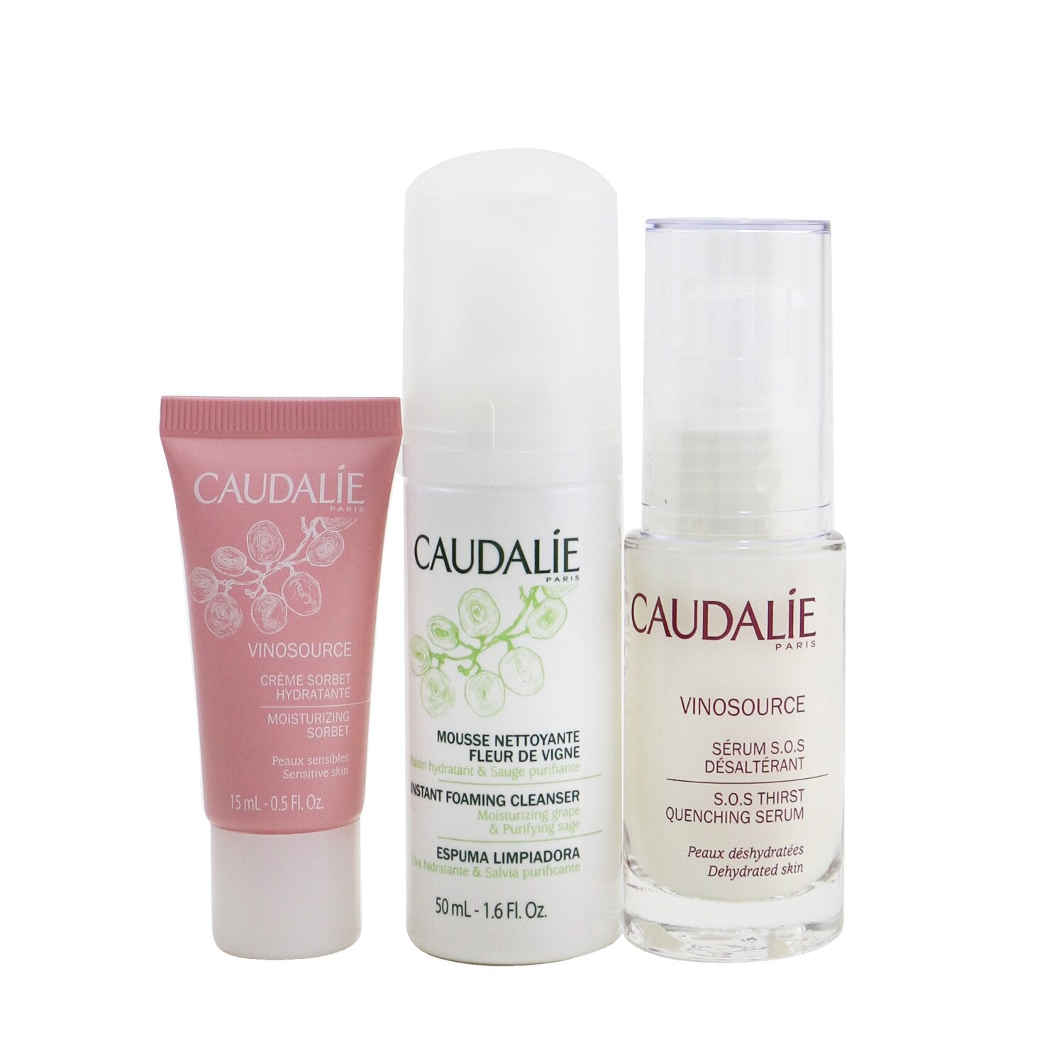 Vinosource S.O.S Hydration Set: S.O.S Thirst-Quenching Serum 30ml+ Instant Foaming Cleanser 50ml+ Moisturizing Sorbet 15ml